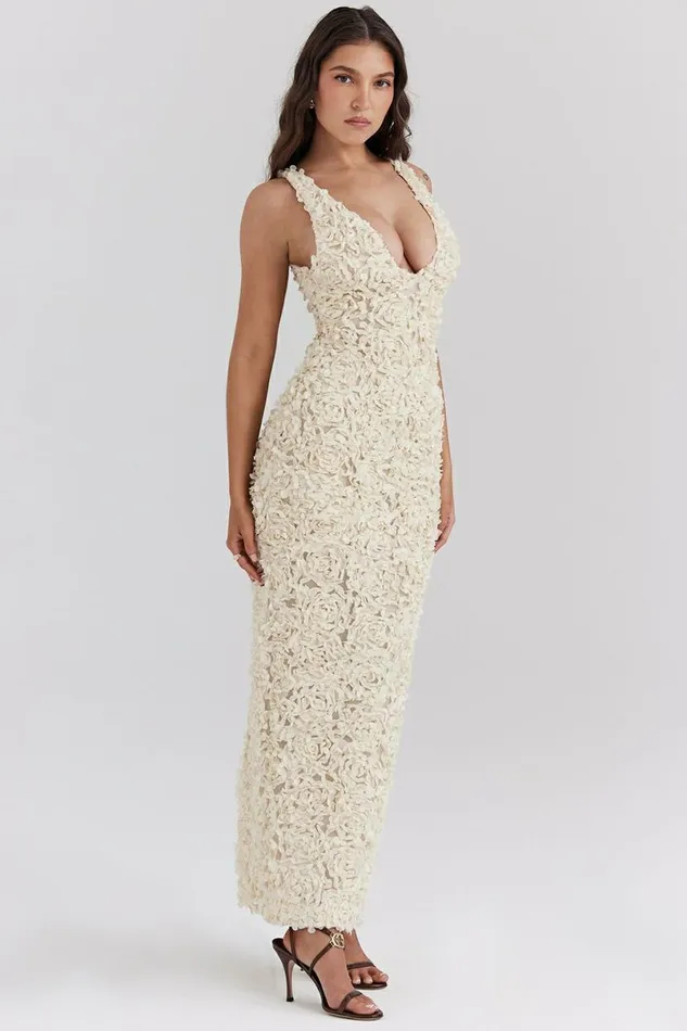 Women Carena Creme Plunge Floral Appliqu Maxi Dress House Of CB Dresses