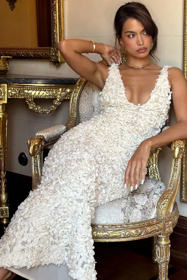 Women Carena Creme Plunge Floral Appliqu Maxi Dress House Of CB Dresses