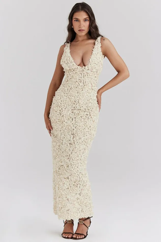 Women Carena Creme Plunge Floral Appliqu Maxi Dress House Of CB Dresses