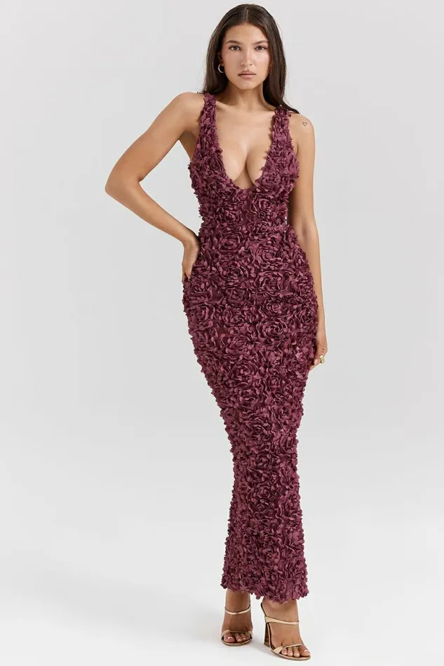 Women Carena Merlot Plunge Floral Appliqu Maxi Dress House Of CB Dresses