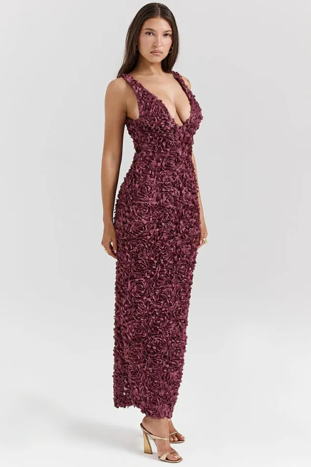 Women Carena Merlot Plunge Floral Appliqu Maxi Dress House Of CB Dresses Women Carena Merlot Plunge Floral Appliqu Maxi Dress House Of CB Dresses