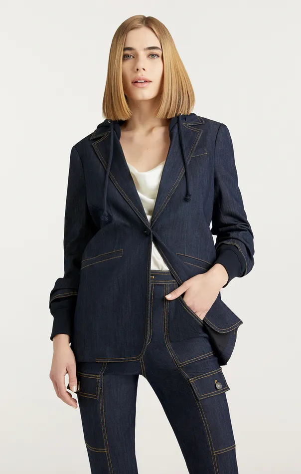 Women Cinq Sept Jackets and Blazers Denim Hooded Khloe Blazer Indigo