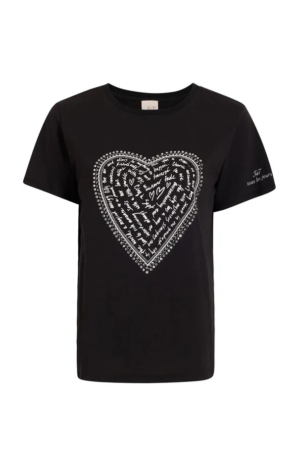 Women Cinq Sept Tops Rhinestone Love Letter Heart Tee Blackwhite