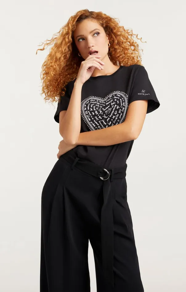 Women Cinq Sept Tops Rhinestone Love Letter Heart Tee Blackwhite