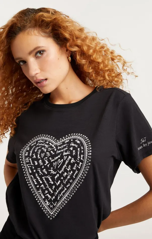 Women Cinq Sept Tops Rhinestone Love Letter Heart Tee Blackwhite