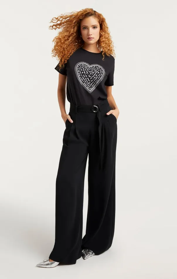 Women Cinq Sept Tops Rhinestone Love Letter Heart Tee Blackwhite