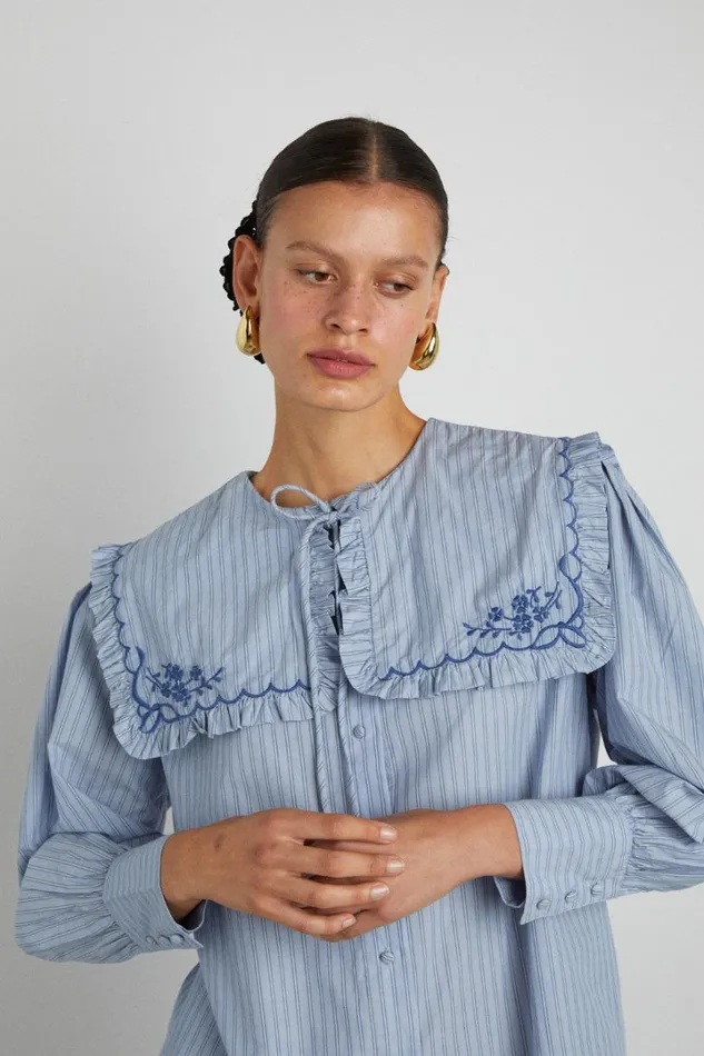 Women Coords Damson Madder Nordine Square Collar Blouse 8211 Blue Stripe