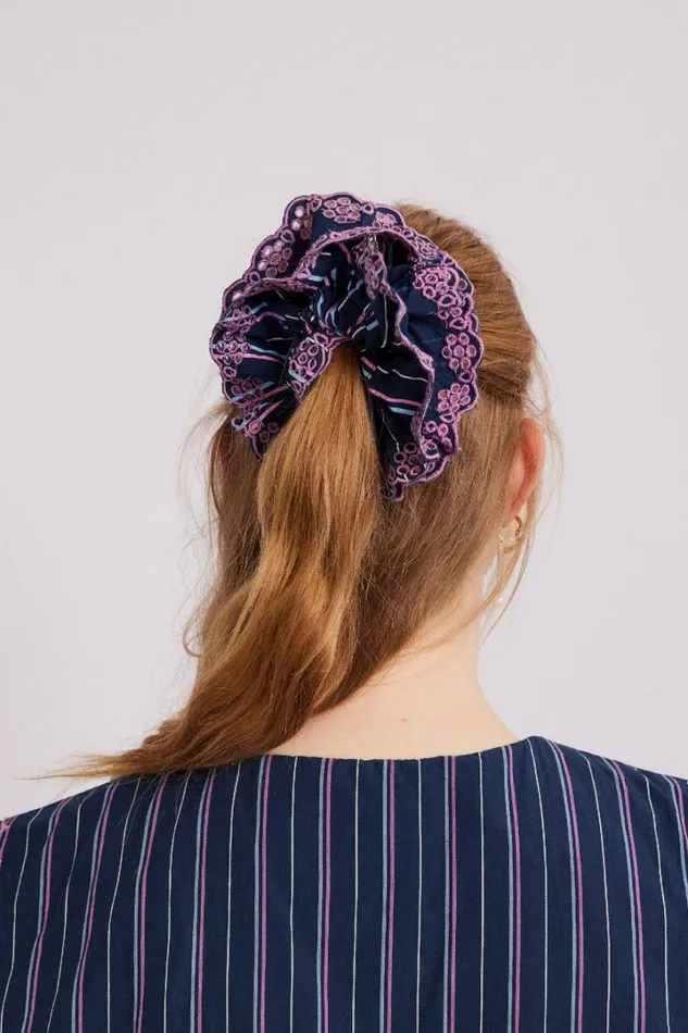 Women Coords Damson Madder Stripe Scrunchie With Broderie Edge