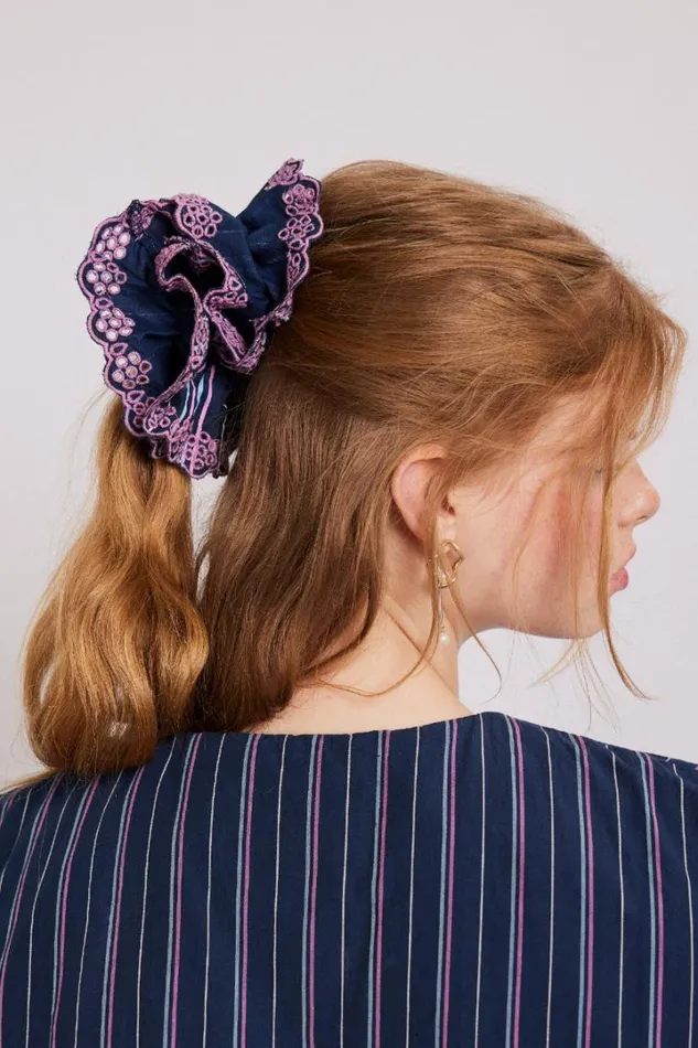 Women Coords Damson Madder Stripe Scrunchie With Broderie Edge