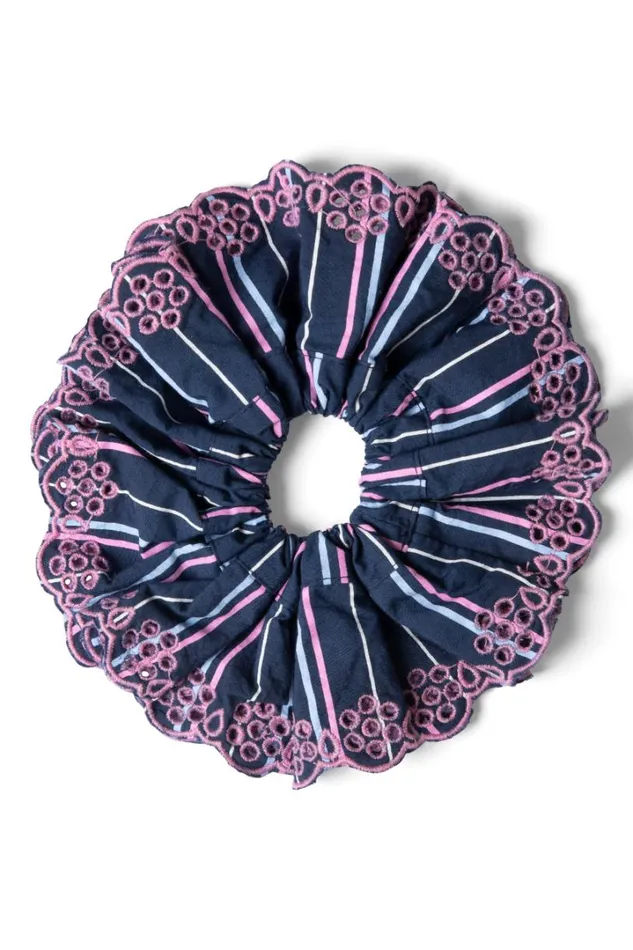 Women Coords Damson Madder Stripe Scrunchie With Broderie Edge