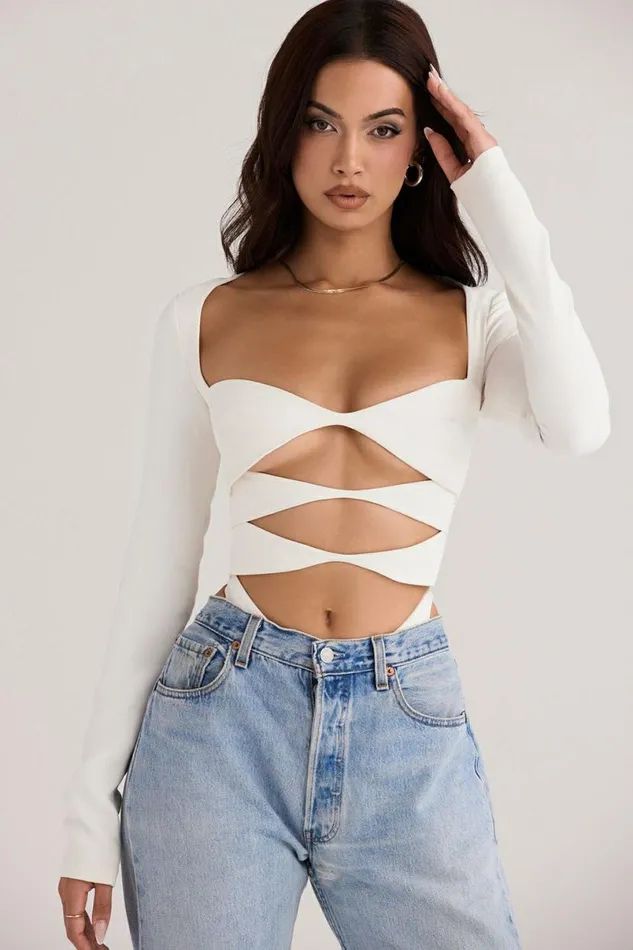 Women Danica White Cutout Bodysuit House Of CB Tops Women Danica White Cutout Bodysuit House Of CB Tops