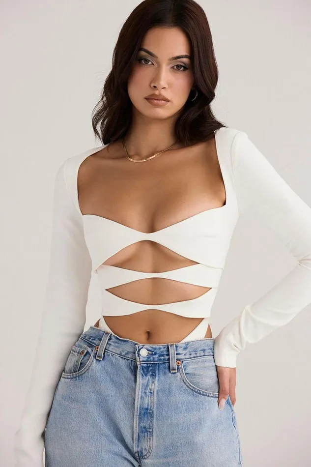 Women Danica White Cutout Bodysuit House Of CB Tops Women Danica White Cutout Bodysuit House Of CB Tops