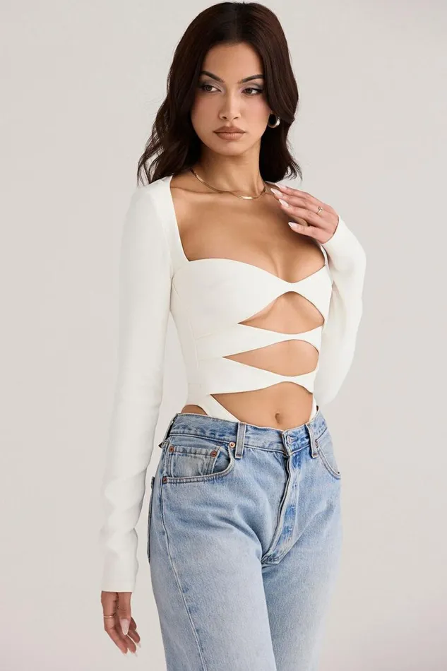 Women Danica White Cutout Bodysuit House Of CB Tops Women Danica White Cutout Bodysuit House Of CB Tops
