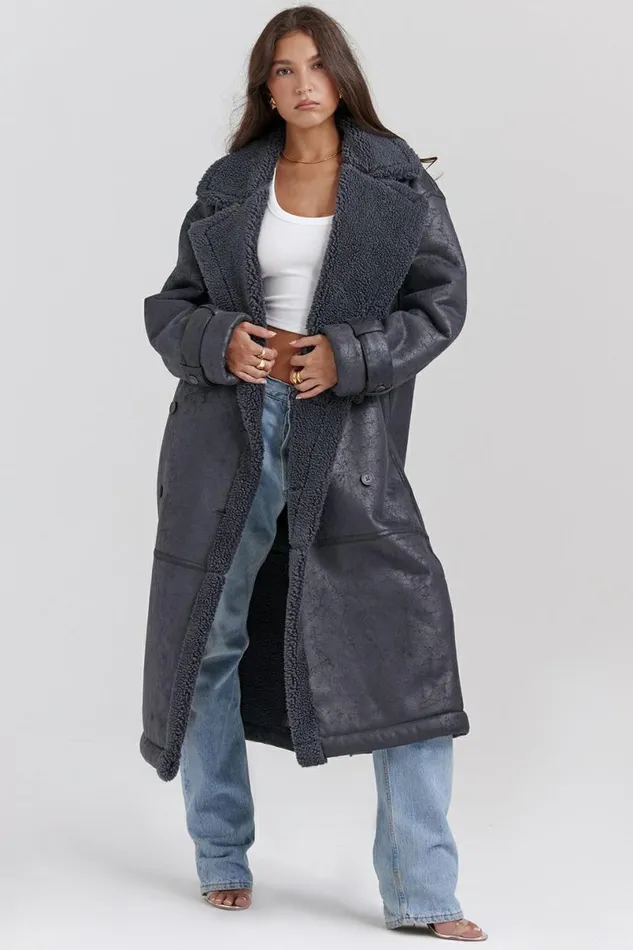 Women Deiji Grey Vegan Shearling Coat House Of CB Outerwear