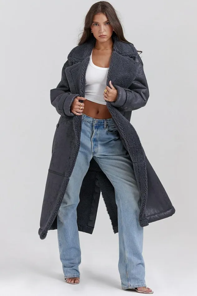 Women Deiji Grey Vegan Shearling Coat House Of CB Outerwear