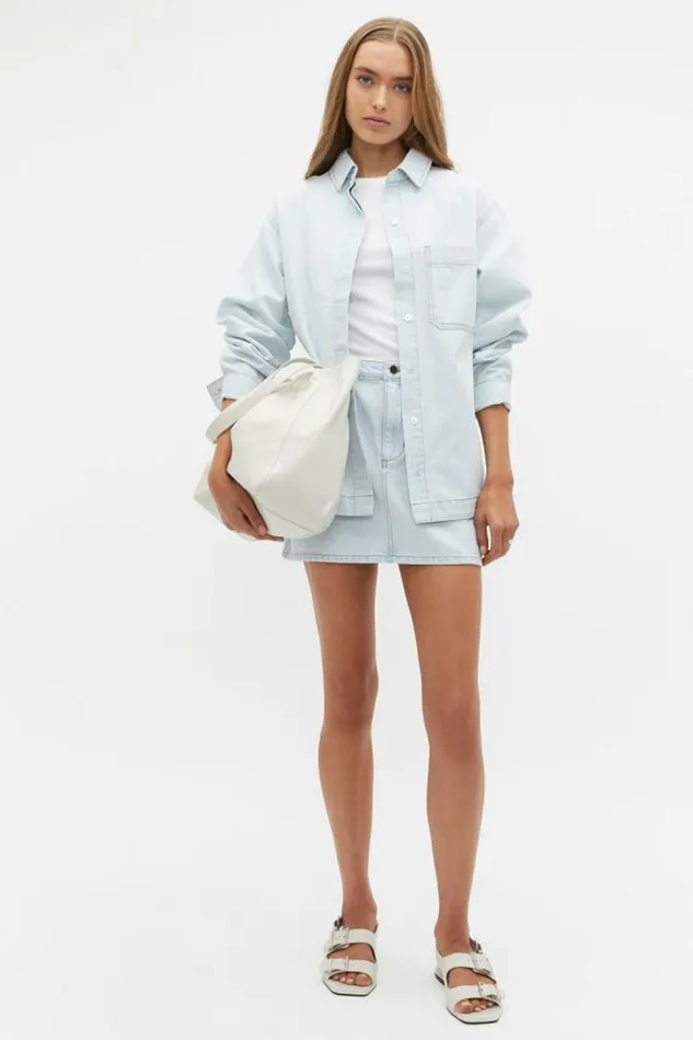 Women Denim Seed Heritage Denim Button Down Shirt Stone Blue Wash