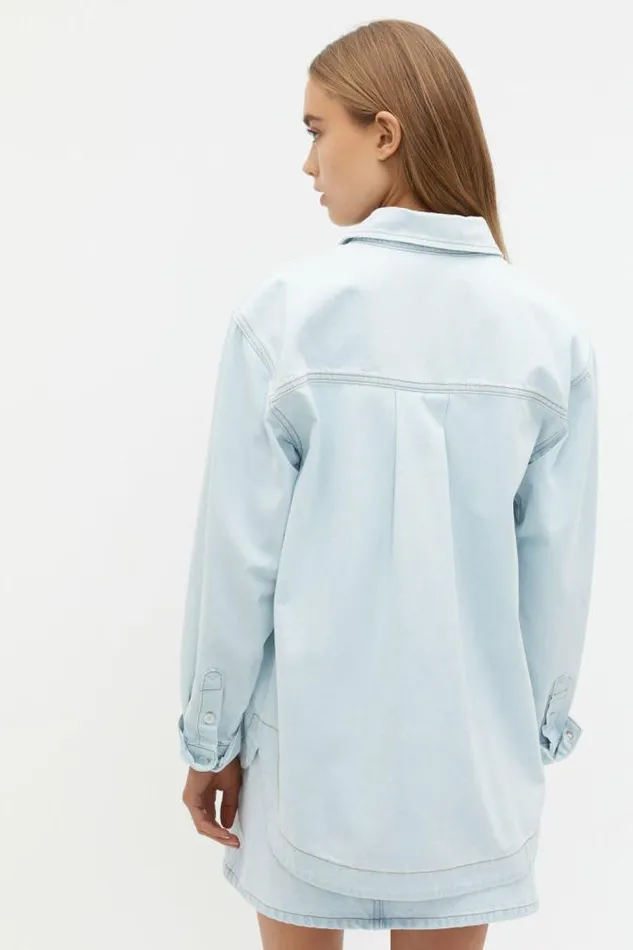 Women Denim Seed Heritage Denim Button Down Shirt Stone Blue Wash