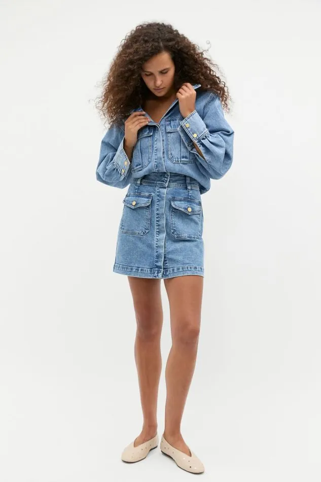 Women Denim Seed Heritage Denim Patch Pocket Mini Skirt Mist Blue Wash