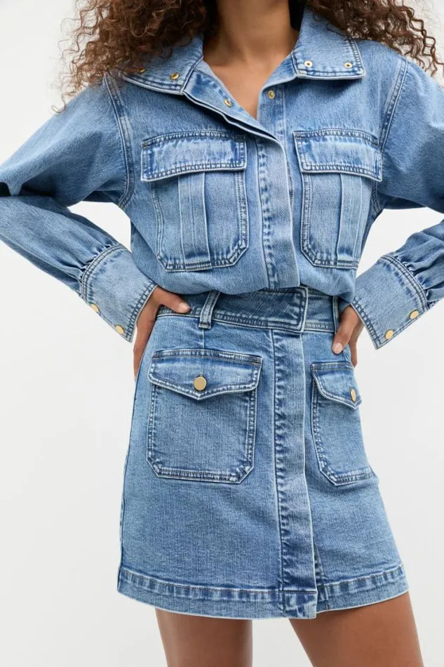 Women Denim Seed Heritage Denim Patch Pocket Mini Skirt Mist Blue Wash