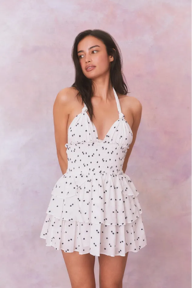 Women Dresses LoveShackFancy Deanna Star Print Cotton Halter Mini Dress Ivory Starlight