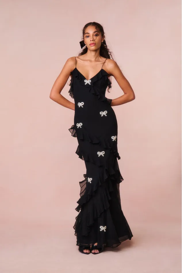 Women Dresses LoveShackFancy Rialto Crystal BowEmbellished Maxi Dress Black