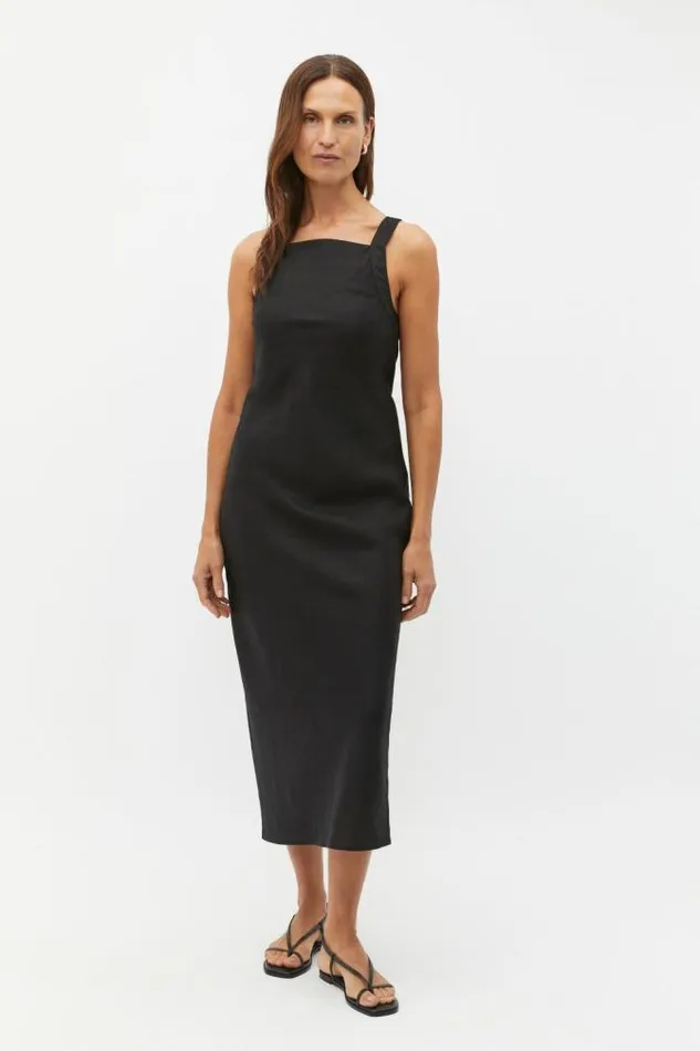 Women Dresses Seed Heritage Linen Square Neck Bias Slip Dress Black