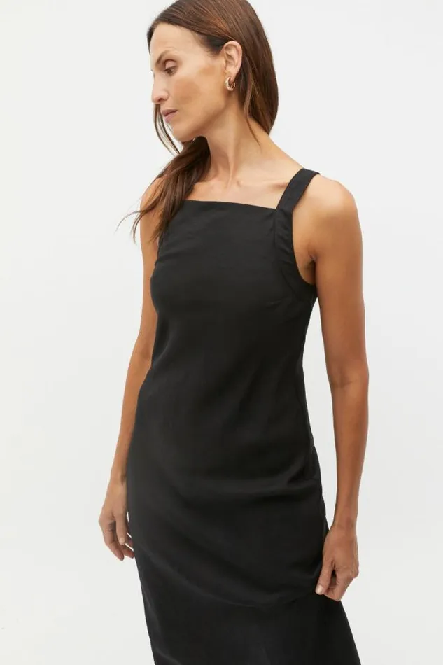 Women Dresses Seed Heritage Linen Square Neck Bias Slip Dress Black