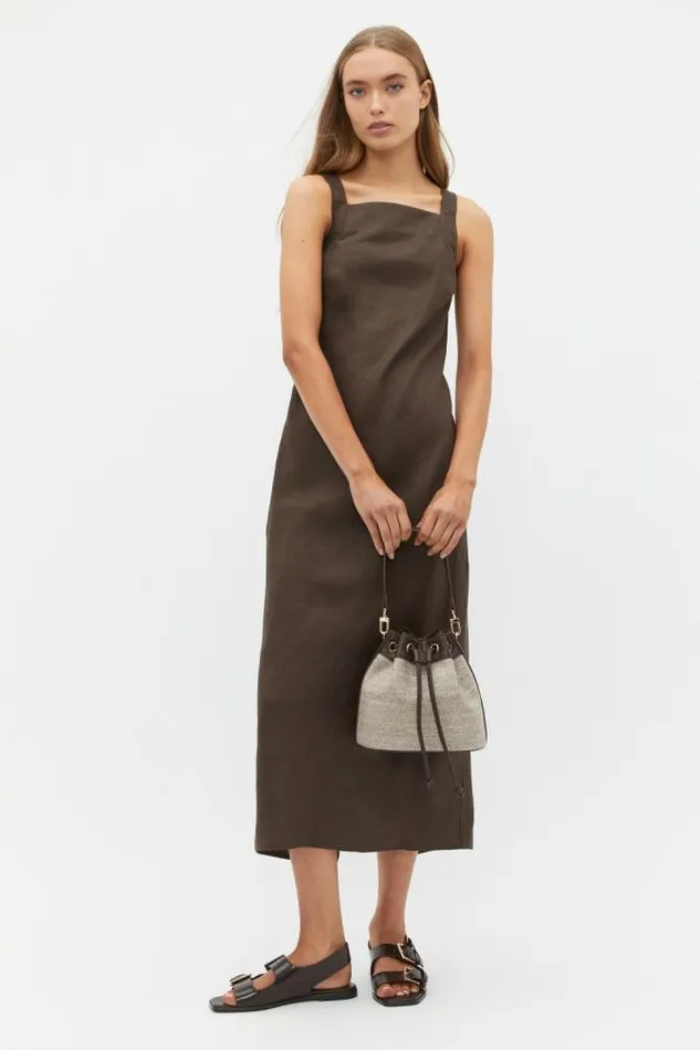 Women Dresses Seed Heritage Linen Square Neck Bias Slip Dress Dark Espresso