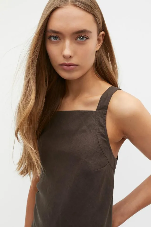 Women Dresses Seed Heritage Linen Square Neck Bias Slip Dress Dark Espresso