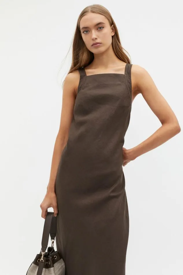 Women Dresses Seed Heritage Linen Square Neck Bias Slip Dress Dark Espresso