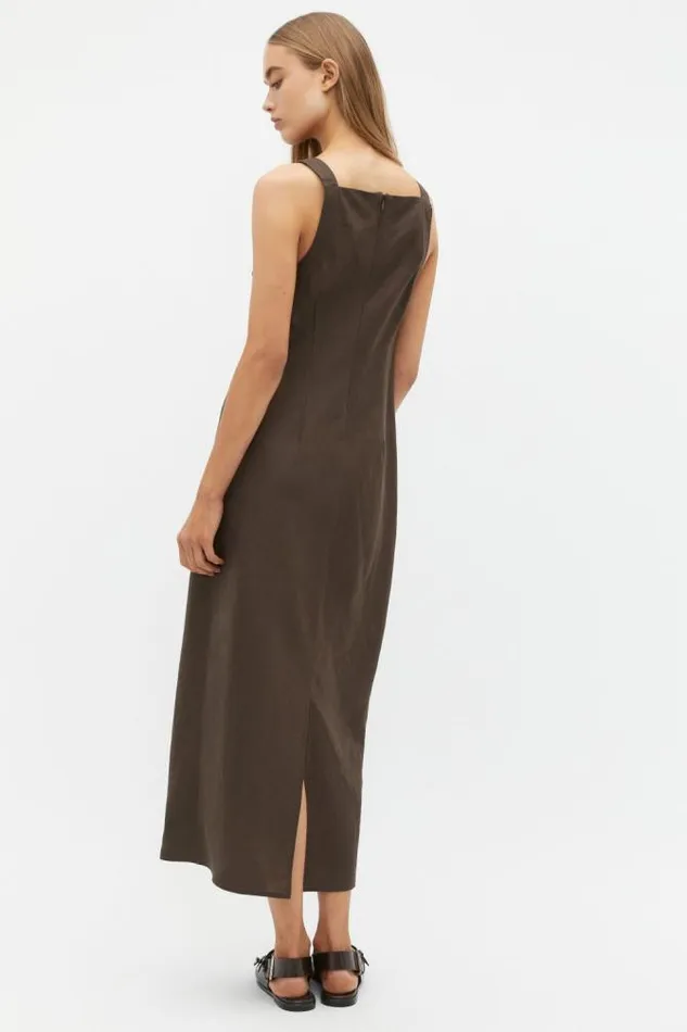 Women Dresses Seed Heritage Linen Square Neck Bias Slip Dress Dark Espresso