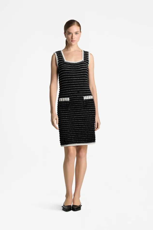 Women Dresses St John Sleeveless Eyelash Tweed Dress Blackecru Women Dresses St John Sleeveless Eyelash Tweed Dress Blackecru