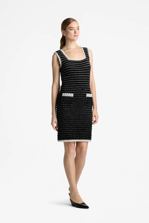 Women Dresses St John Sleeveless Eyelash Tweed Dress Blackecru Women Dresses St John Sleeveless Eyelash Tweed Dress Blackecru
