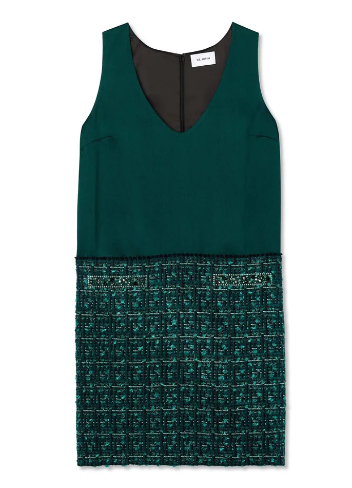 Women Dresses St John Twill Tweed Mixed Media Dress Spruce Multi