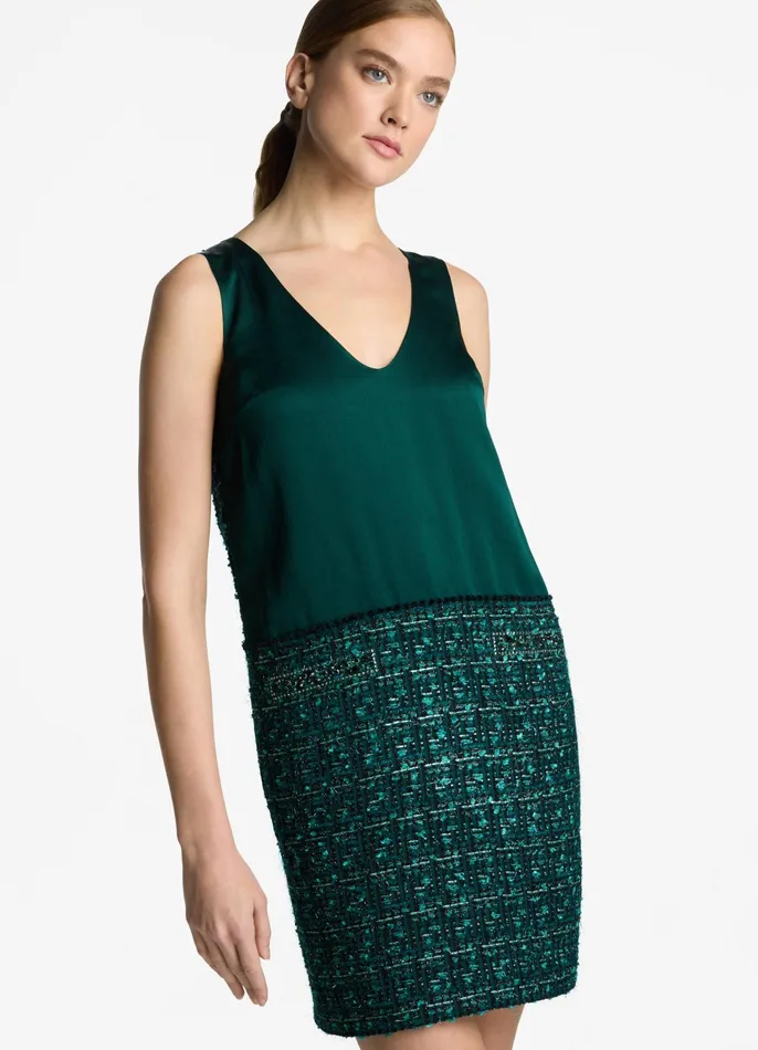 Women Dresses St John Twill Tweed Mixed Media Dress Spruce Multi Women Dresses St John Twill Tweed Mixed Media Dress Spruce Multi