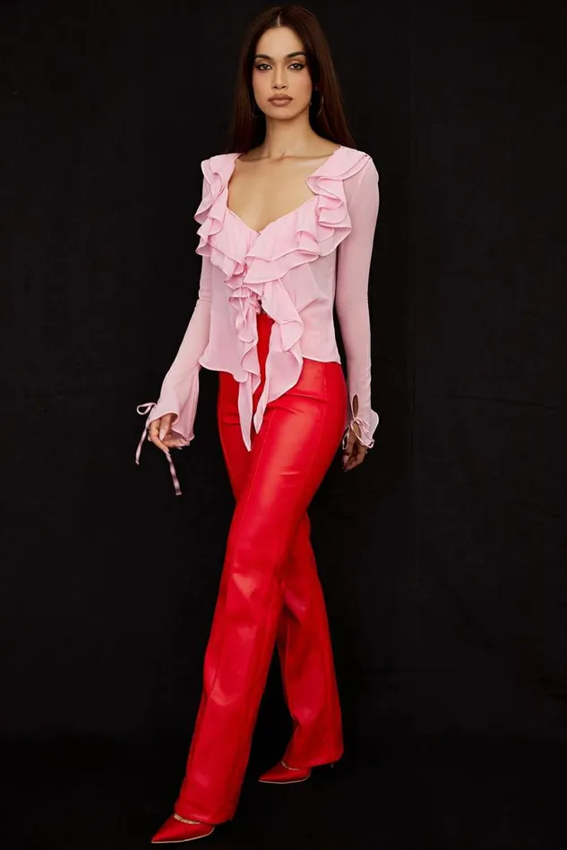 Women Elenaora Scarlet Vegan Leather Trousers House Of CB Bottoms Women Elenaora Scarlet Vegan Leather Trousers House Of CB Bottoms