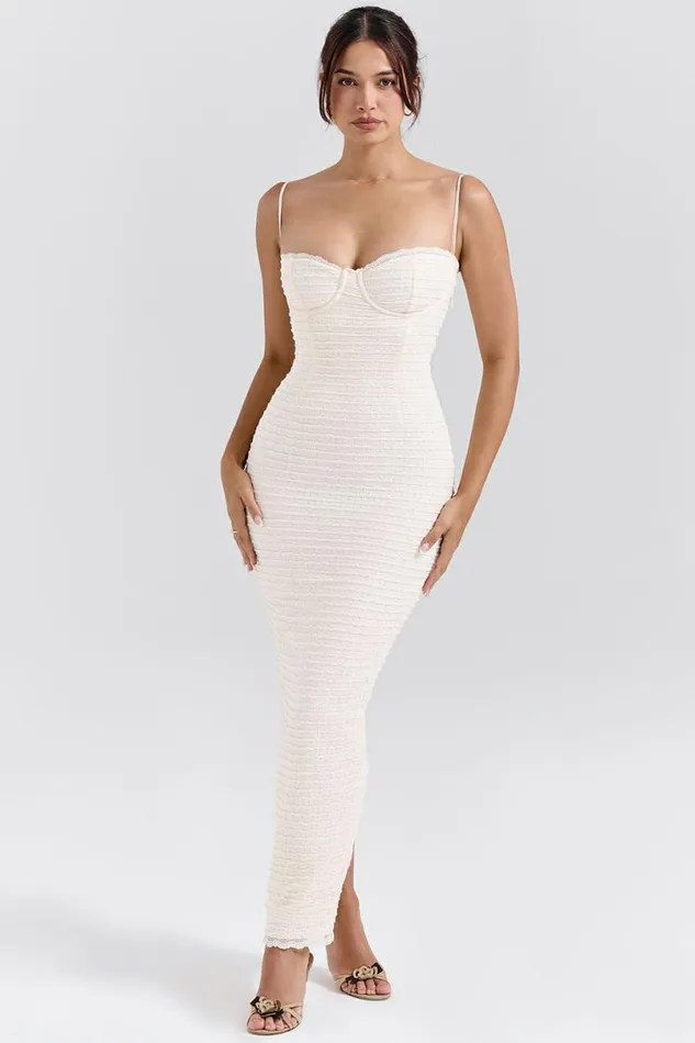 Women Elinor Cream Tea Frill Lace Midi Dress House Of CB Dresses