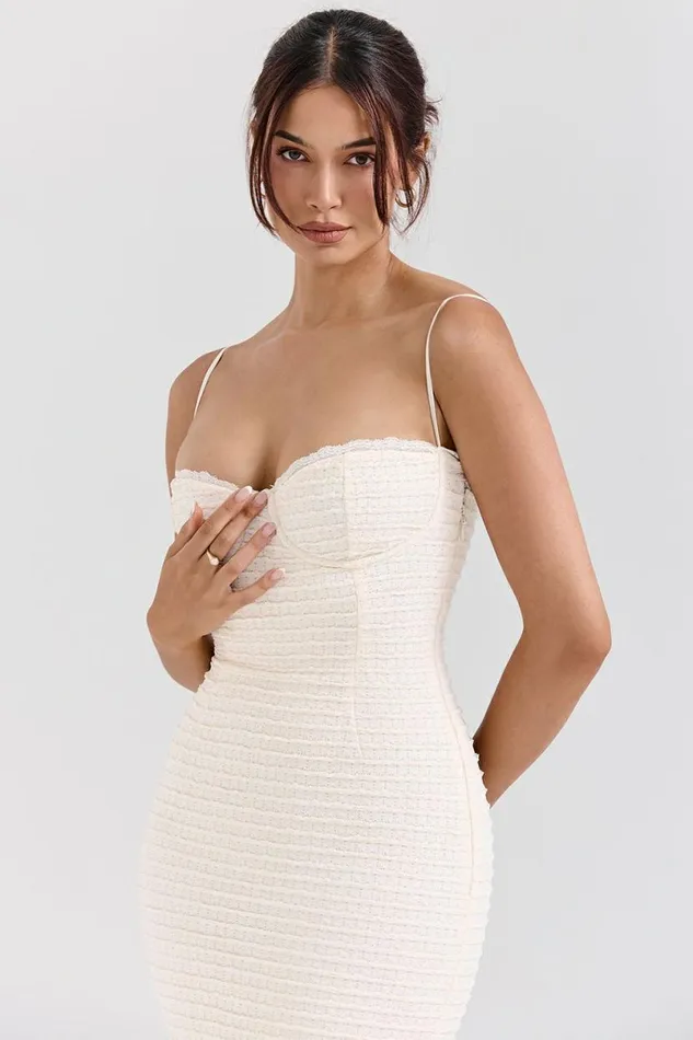 Women Elinor Cream Tea Frill Lace Midi Dress House Of CB Dresses