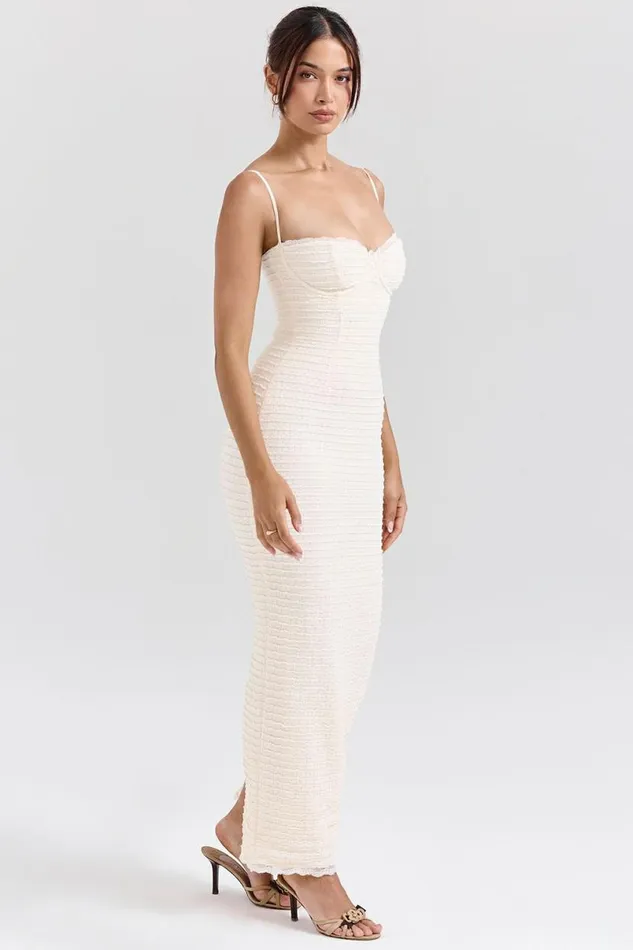 Women Elinor Cream Tea Frill Lace Midi Dress House Of CB Dresses