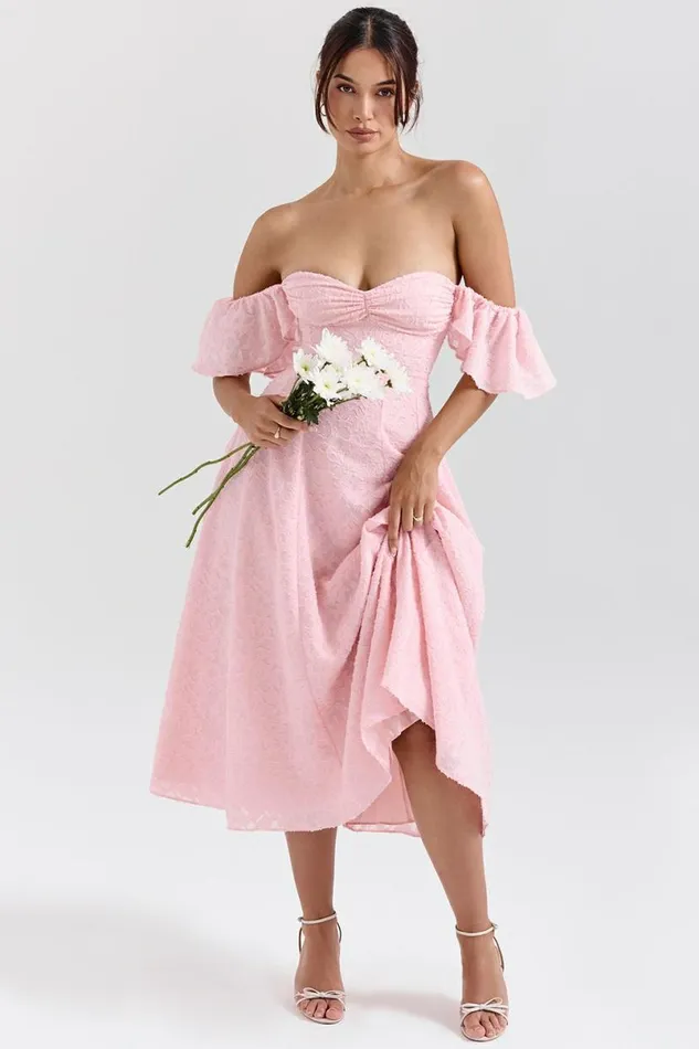Women Emma Perfectly Pink Floral Jacquard Midi Dress House Of CB Dresses