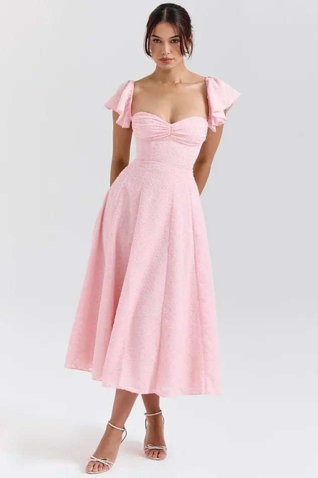 Women Emma Perfectly Pink Floral Jacquard Midi Dress House Of CB Dresses