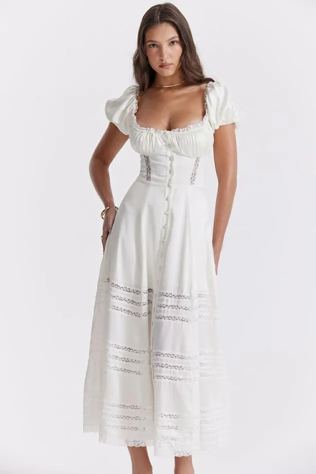 Women Eviana Ivory Real Silk Puff Sleeve Dress House Of CB Dresses