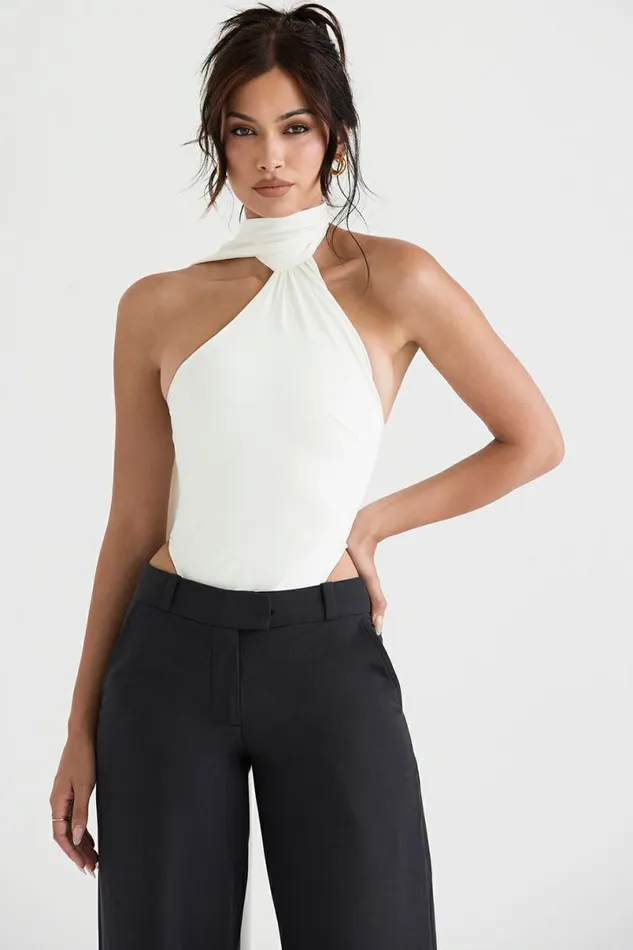 Women Farrah Ivory Satin Wrap Neck Bodysuit House Of CB Tops Women Farrah Ivory Satin Wrap Neck Bodysuit House Of CB Tops