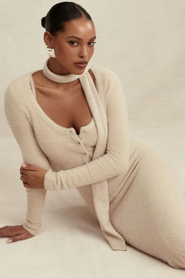 Women Fayette Beige Soft Fluffy Knit Maxi Dress House Of CB Dresses