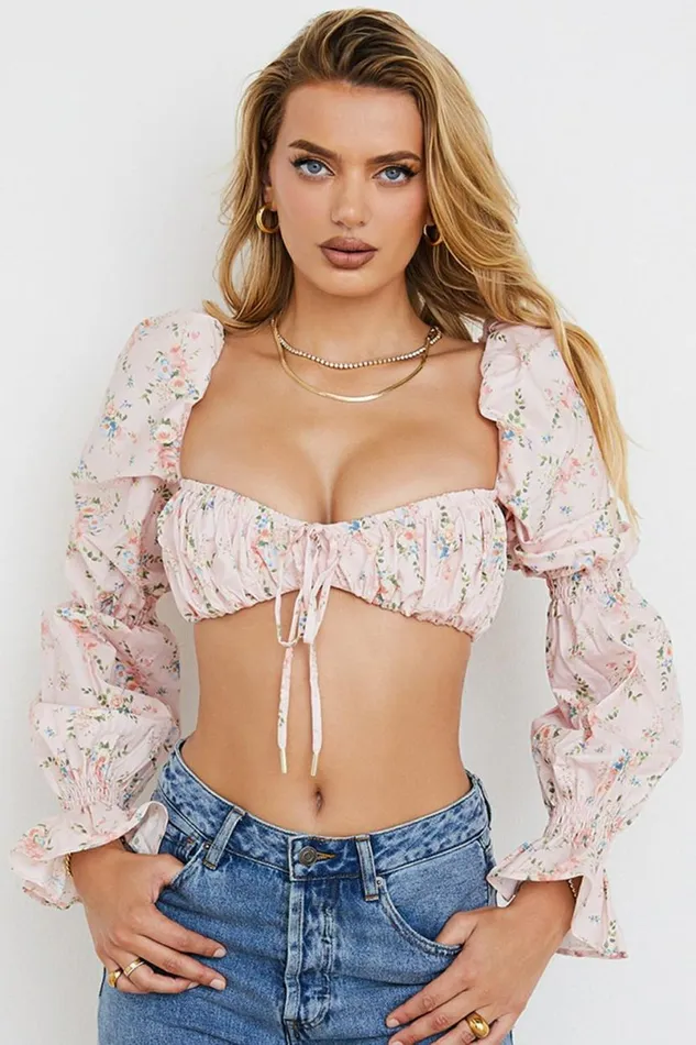 Women Henrietta Pink Floral Shirred Bralette Top House Of CB Tops