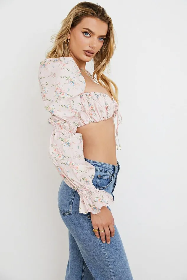 Women Henrietta Pink Floral Shirred Bralette Top House Of CB Tops Women Henrietta Pink Floral Shirred Bralette Top House Of CB Tops