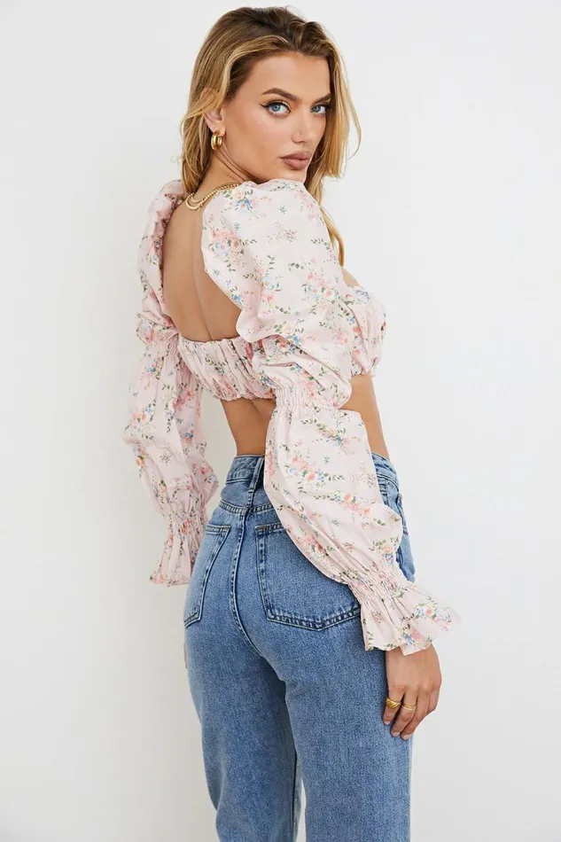 Women Henrietta Pink Floral Shirred Bralette Top House Of CB Tops Women Henrietta Pink Floral Shirred Bralette Top House Of CB Tops