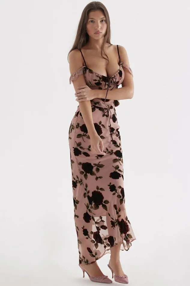 Women Imaan Dusty Pink Devore Maxi Skirt House Of CB Bottoms