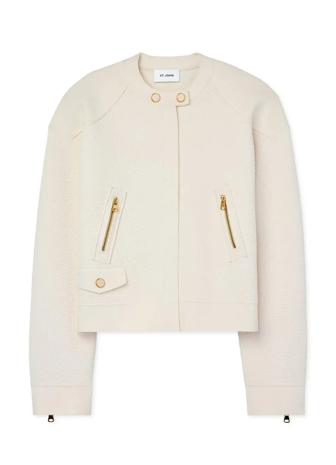 Women Jackets and Coats St John Double Face Pebble Knit Jacket Ecru