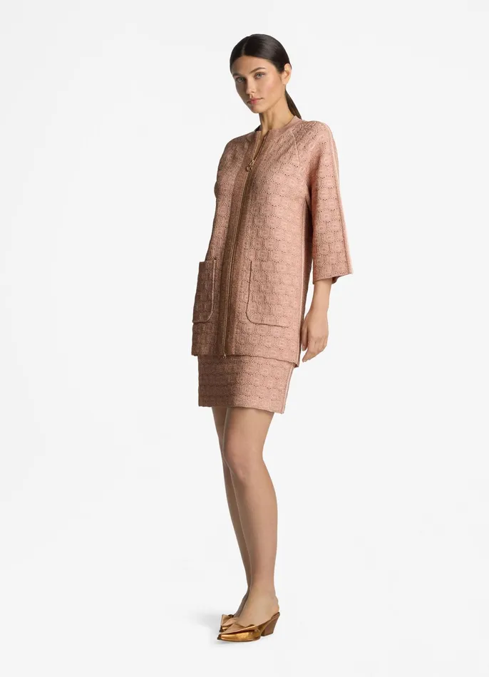 Women Jackets and Coats St John Pointelle Knit Zip Jacket Light Blossomcopper Lurex Multi